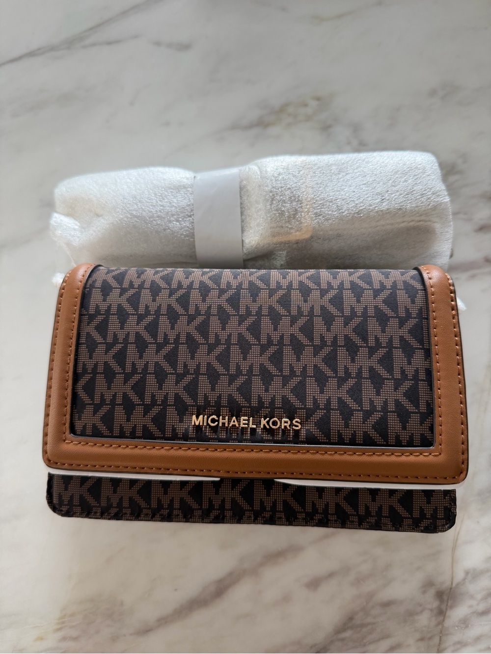 Michael Kors Brown and Tan Monogram Cross Body Detachable Strap